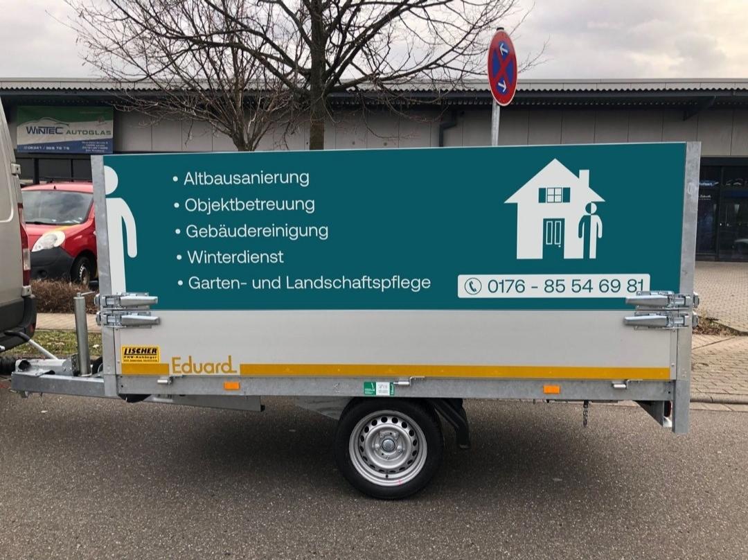 Firmenanhänger von Montagebau Sinning mit Leistungsliste